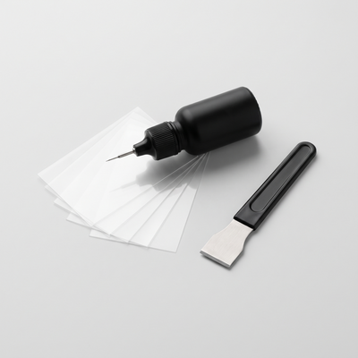 DYER GlassFix windshield repair kit: resin applicator, curing films and razor blade