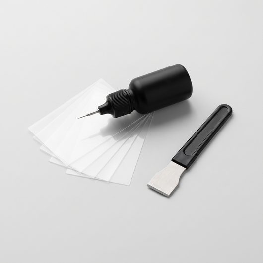 DYER GlassFix windshield repair kit: resin applicator, curing films and razor blade